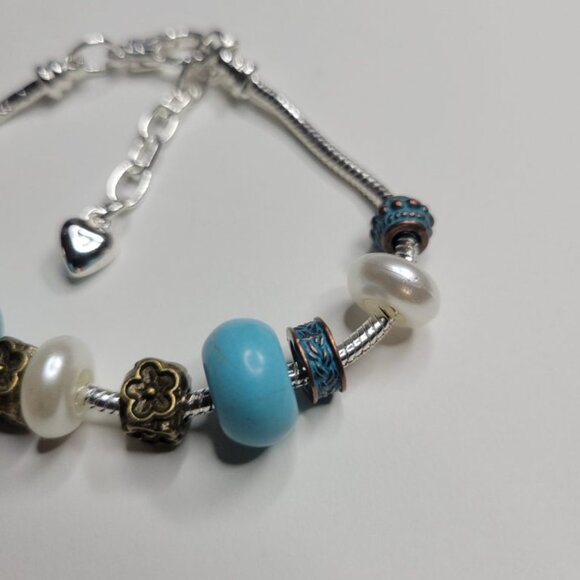 NWT Pandora Style Charm Bracelet Copper Patina Turquoise Color Bronze Flowers - Picture 3 of 5